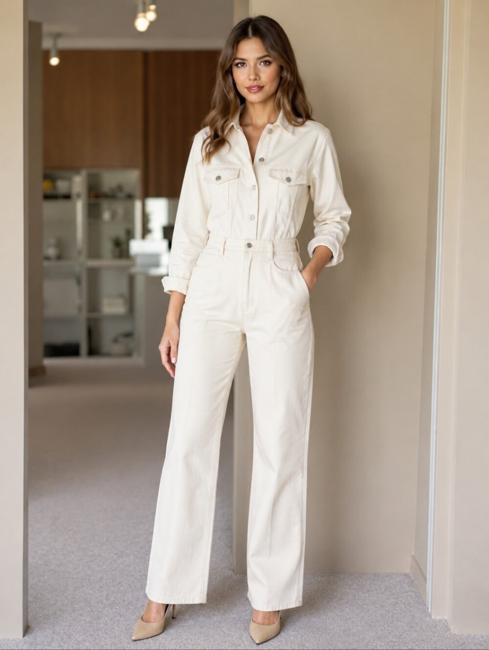 Zara | Off-White Cotton Utility Jumpsuit XL Wide Leg Button Front Tall NWT